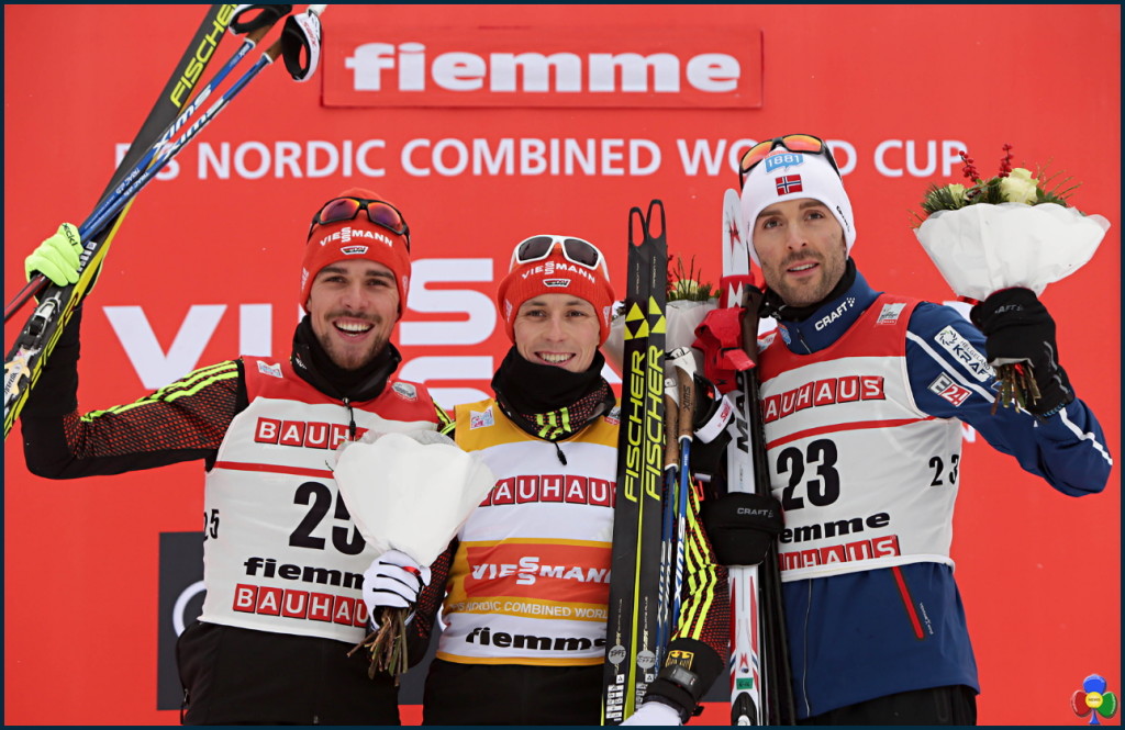 podio combinata nordica fiemme 2017 1024x665 Eric Frenzel domina la Coppa del Mondo Combinata Nordica