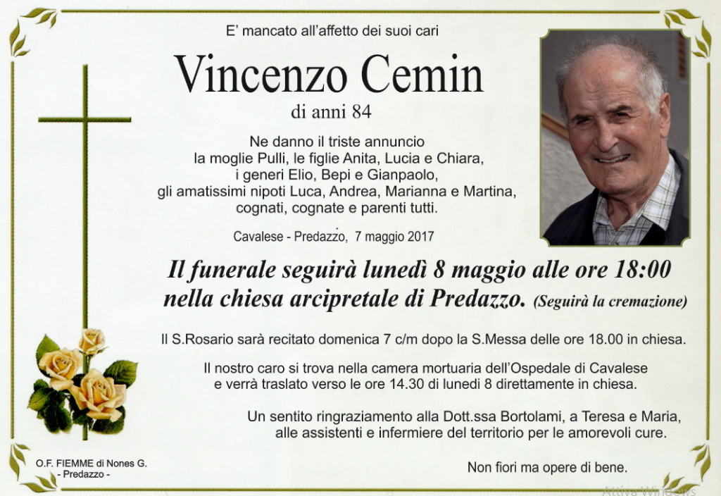 cemin vincenzo 1024x704 Avvisi Parrocchiali 7 14 maggio   necrologio Cemin Vincenzo