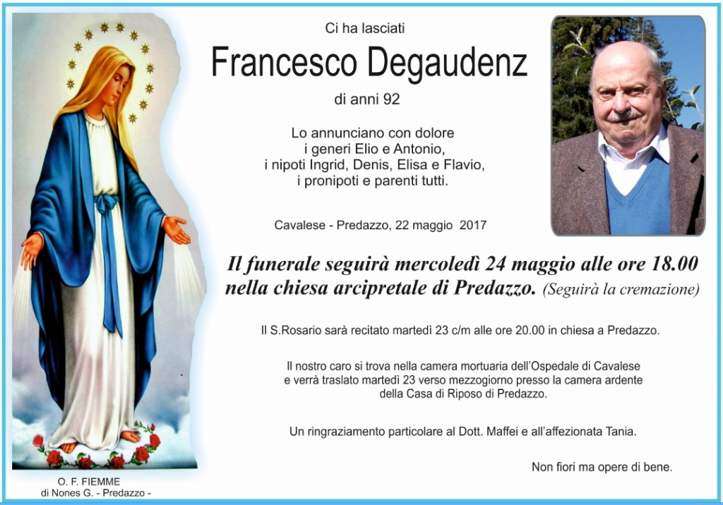 francesco degaudenz 1024x716 Avvisi Parrocchia dal 21/28.5 Necrologio Francesco Degaudenz