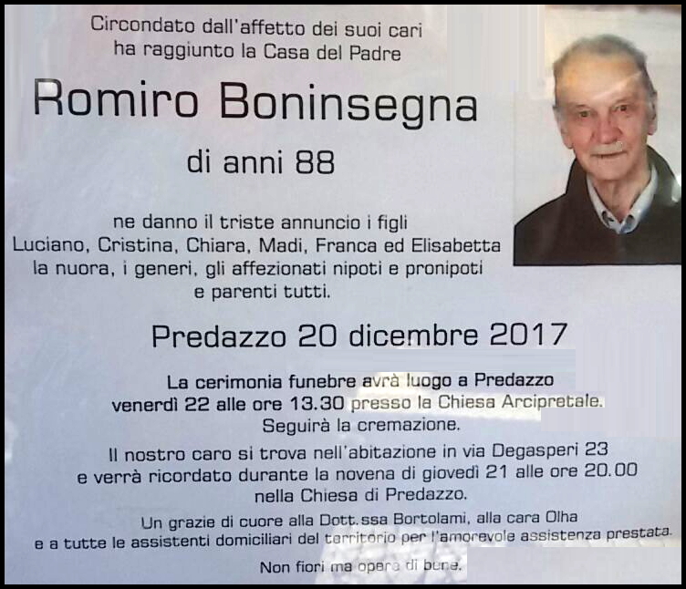 romiro boninsegna Necrologi, Filiberto Bombardelli, Romiro Boninsegna