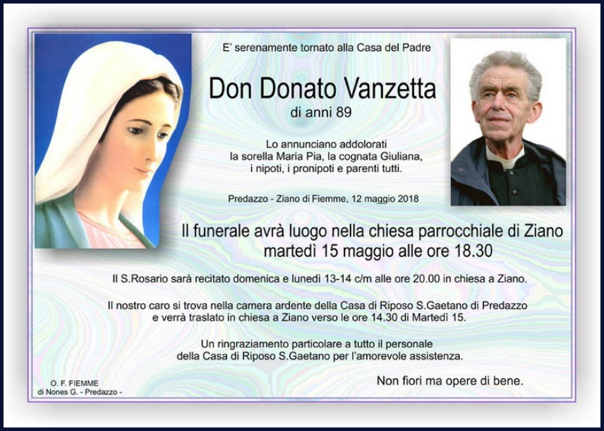 don donato vanzetta necrologio Addio a don Donato Vanzetta 
