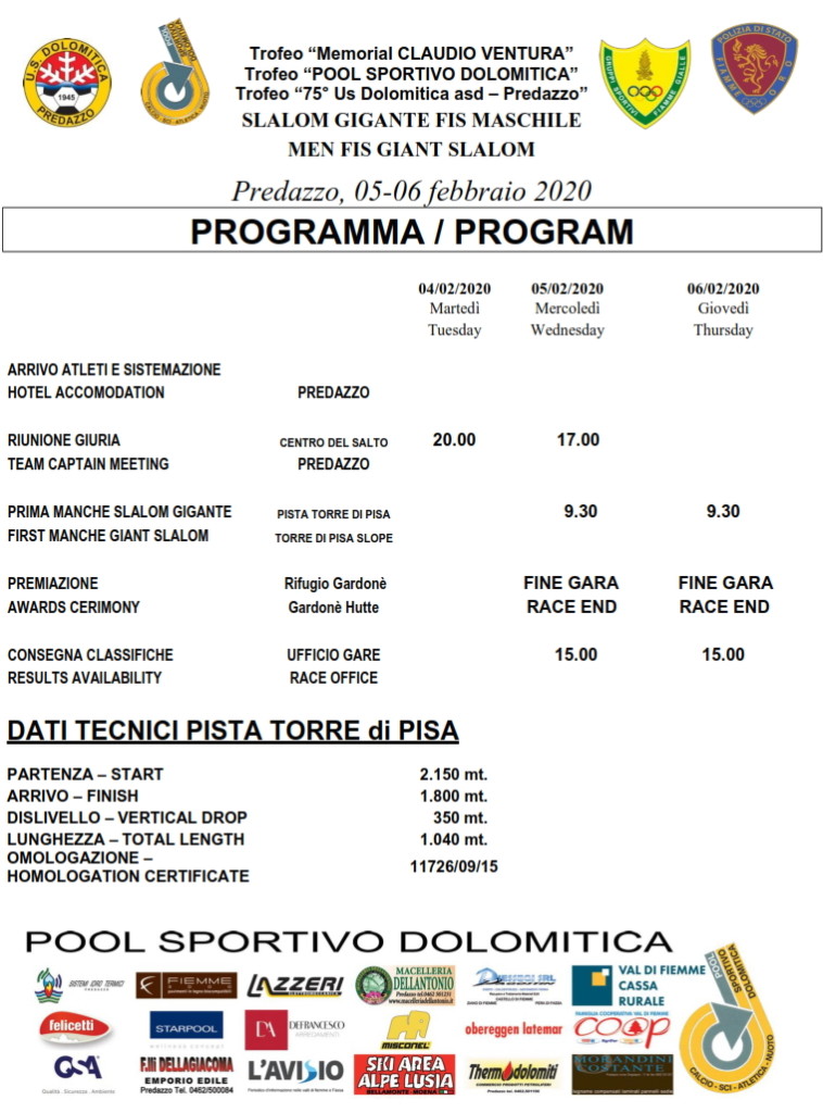 memorial claudio ventura programma 758x1024 SCI: Trofeo Dolomitica e Memorial Ventura allo Ski Center Latemar