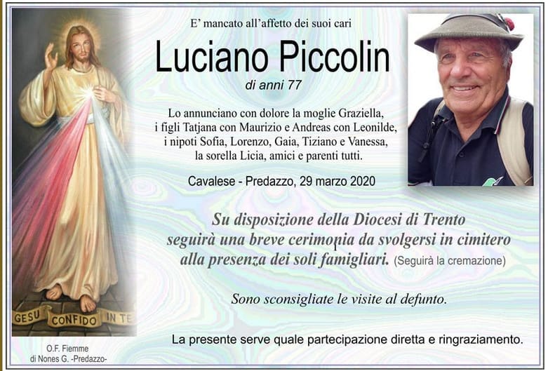 luciano piccolin necrologio Laddio a Luciano Piccolin dagli Alpini di Predazzo 